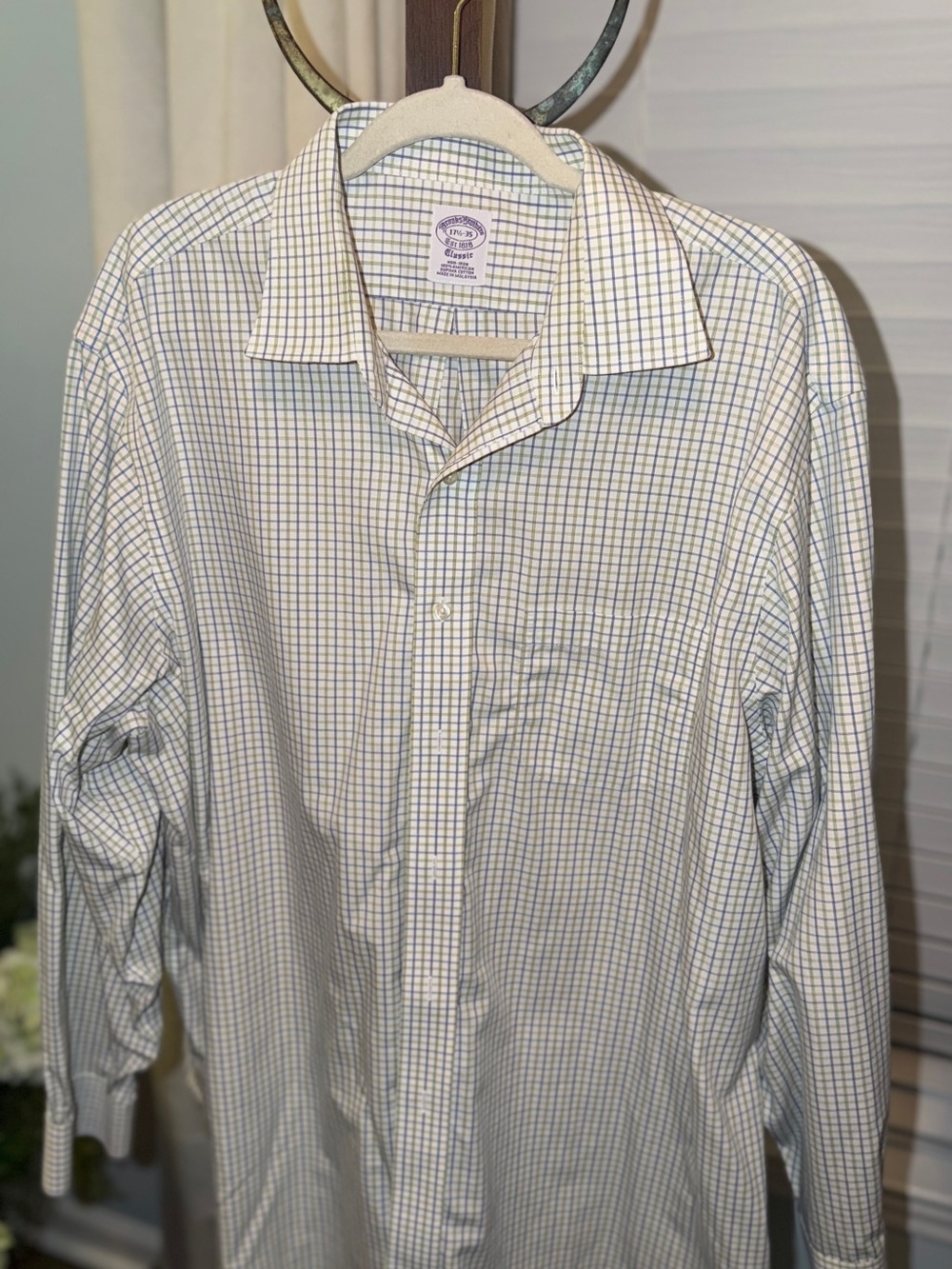Brooks Brothers White Dress Shirt with Blue Windowpane Check